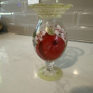 Tracy Porter Hand Painted Glass Floral Bud Vase 6" Ruffled Edge Apples Fruit